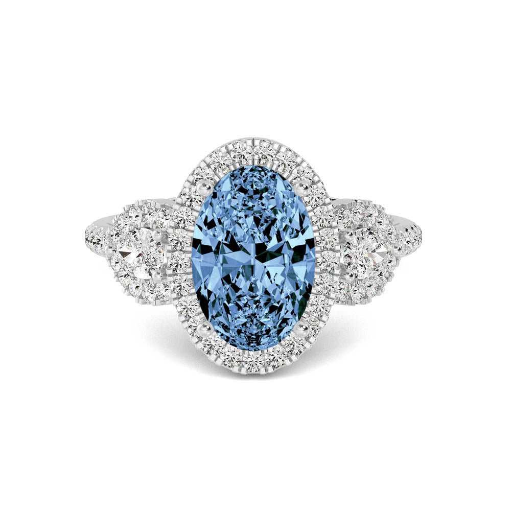 Oval Blue Diamond Ring Lab Grown Diamond Three Stone – Bel