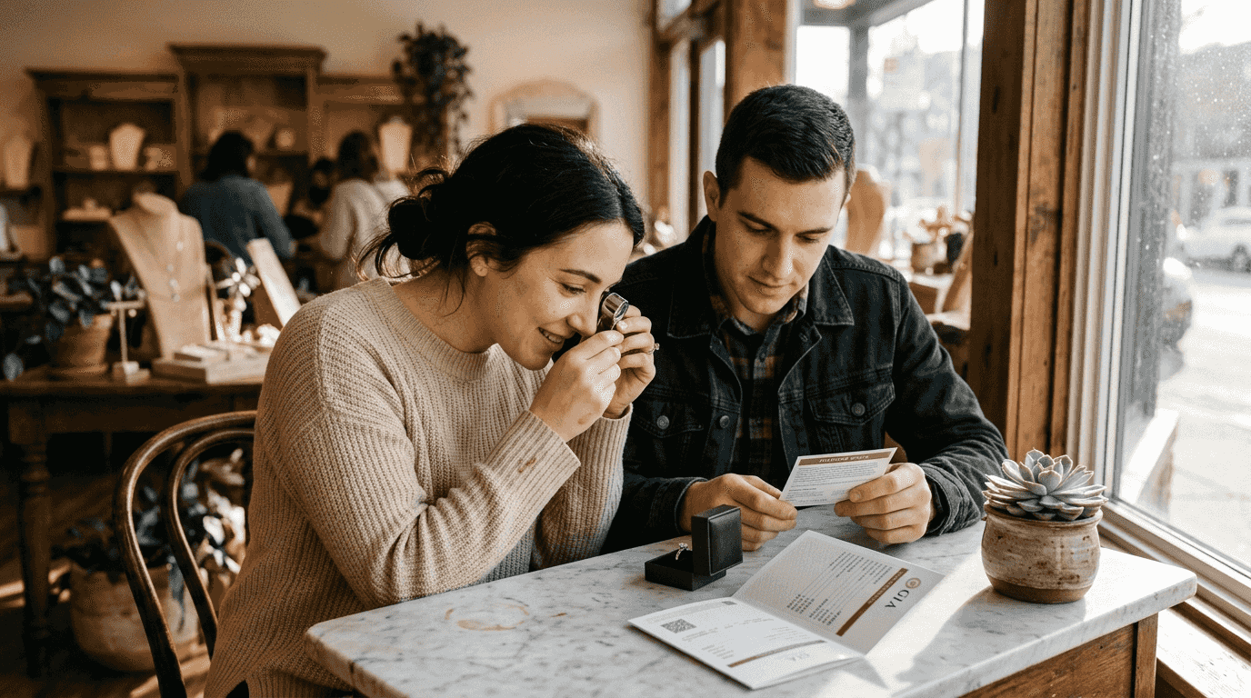 Couple choosing ethical engagement ring in boutique