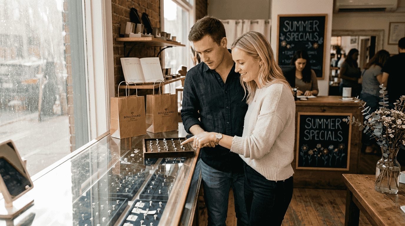 Young couple shopping for engagement rings
