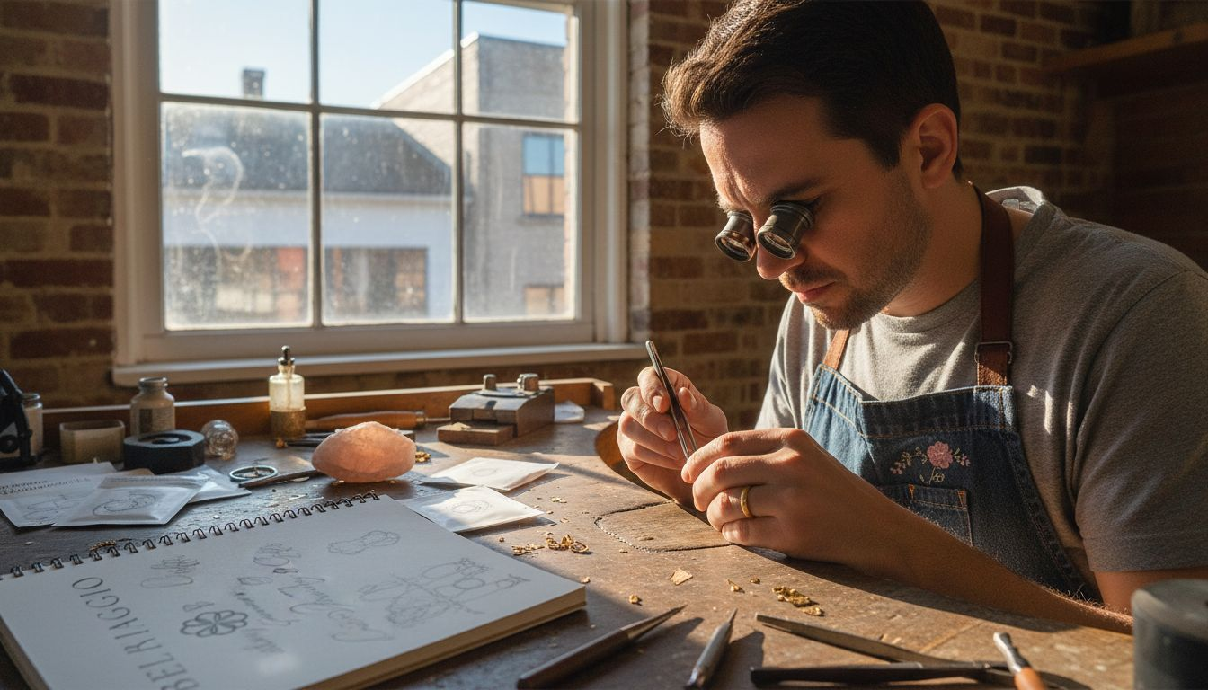 Jeweler inspecting ethical custom ring at workbench