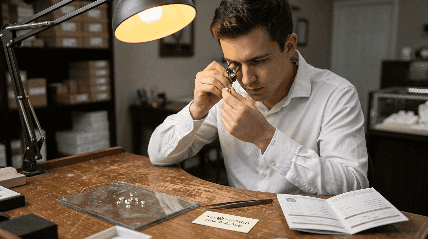 Jeweler inspecting diamond clarity at exam table