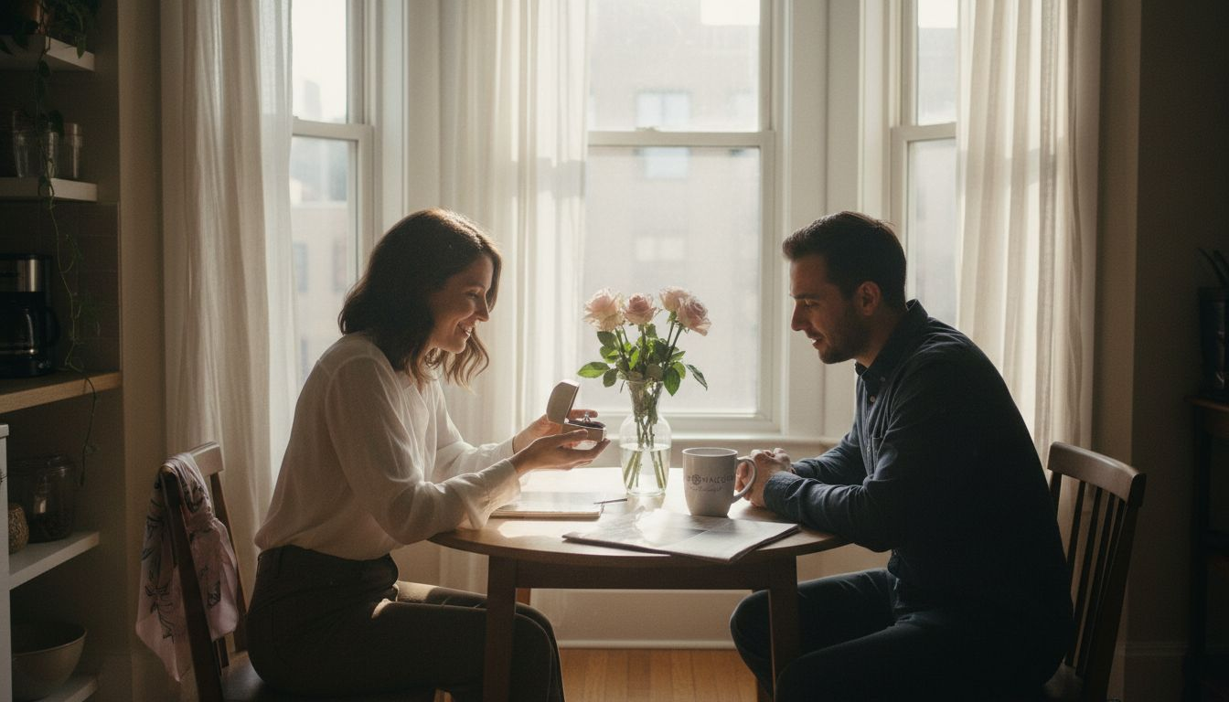 Couple exchanging jewelry in cozy apartment