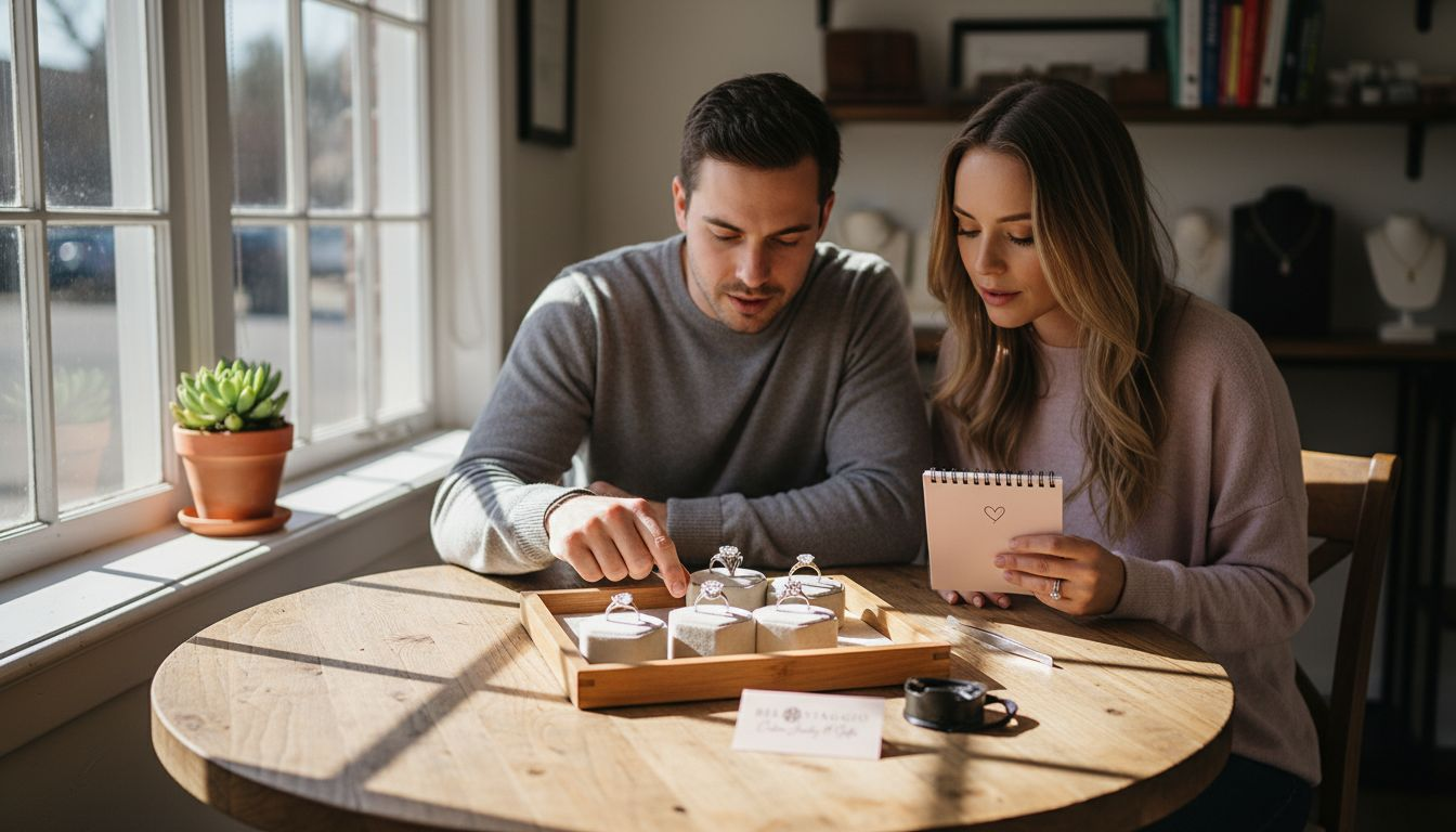 Couple reviewing ethical engagement rings in studio