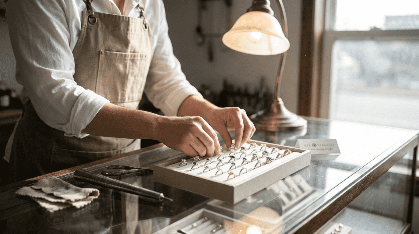 Jeweler arranging ethical gemstone engagement rings