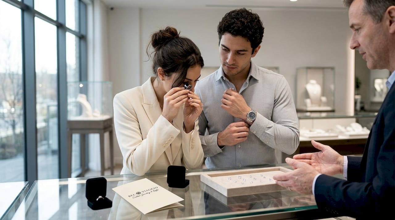 Couple viewing diamond options at jewelry store
