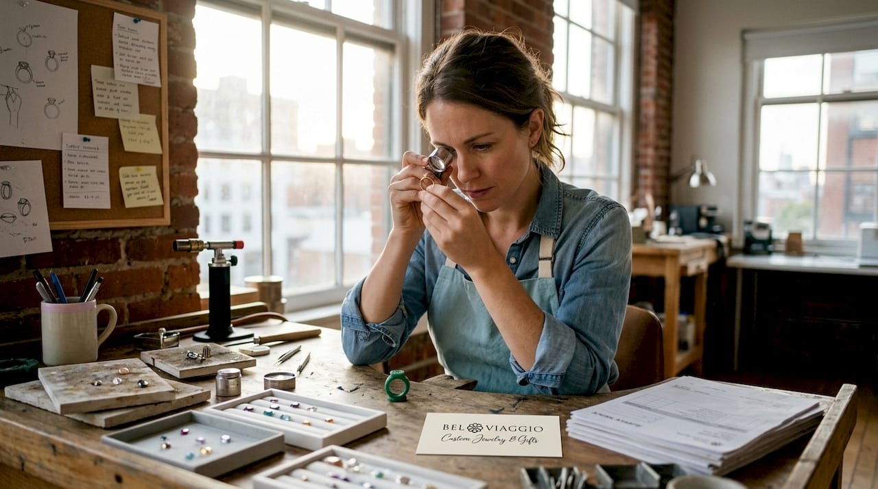 Jeweler inspecting wedding ring in sunlit studio