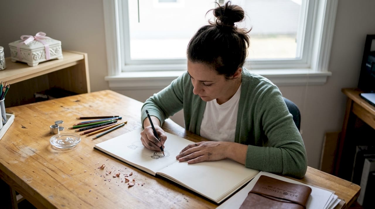 Jewelry designer sketching moissanite ring concept