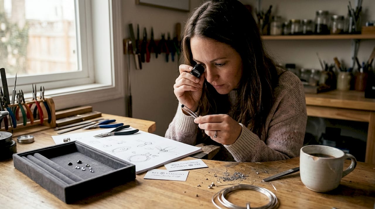 Jeweler reviewing sketches at workbench
