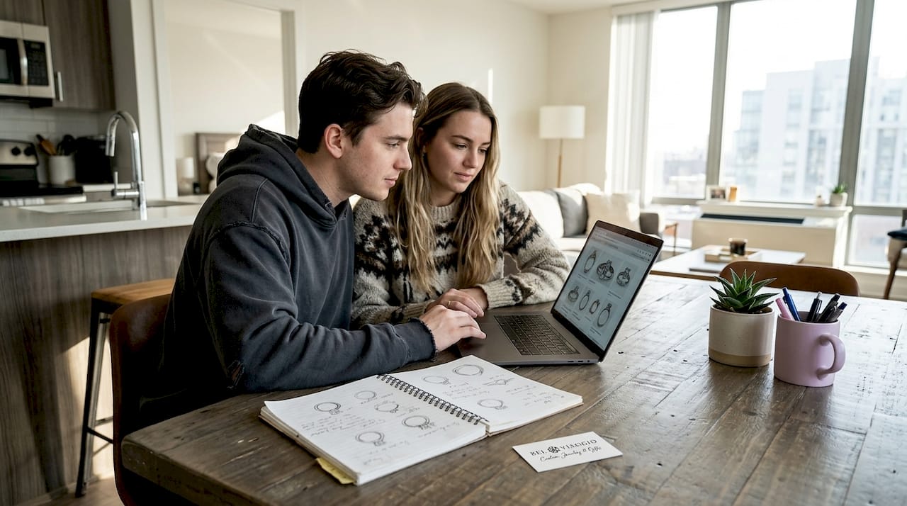Couple reviewing engagement ring designs at home