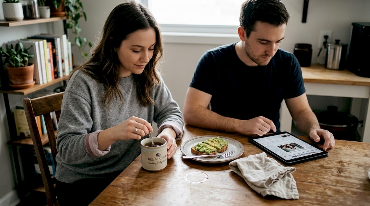 Couple at breakfast table highlighting moissanite ring