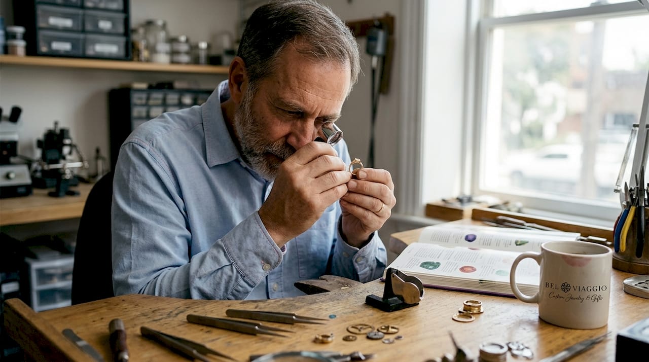 Jeweler inspecting gemstone at workbench