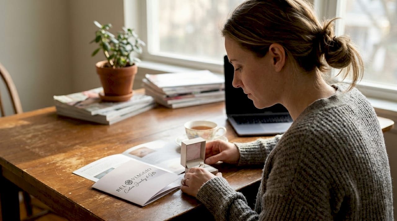 Woman considering moissanite ring at home table