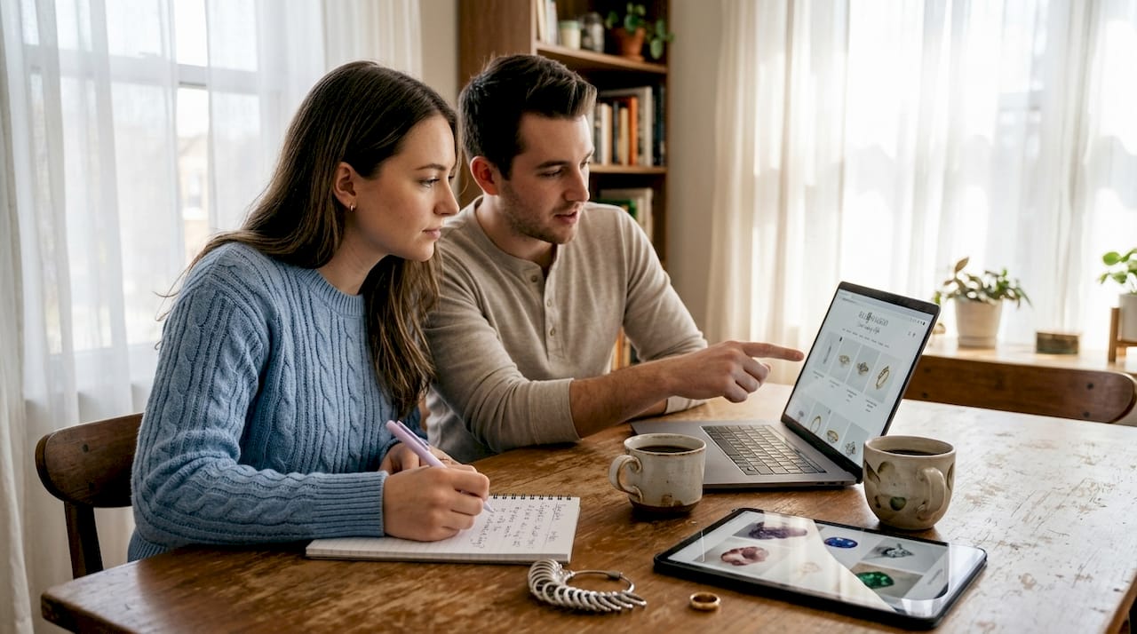Couple browsing jewelry website at home table
