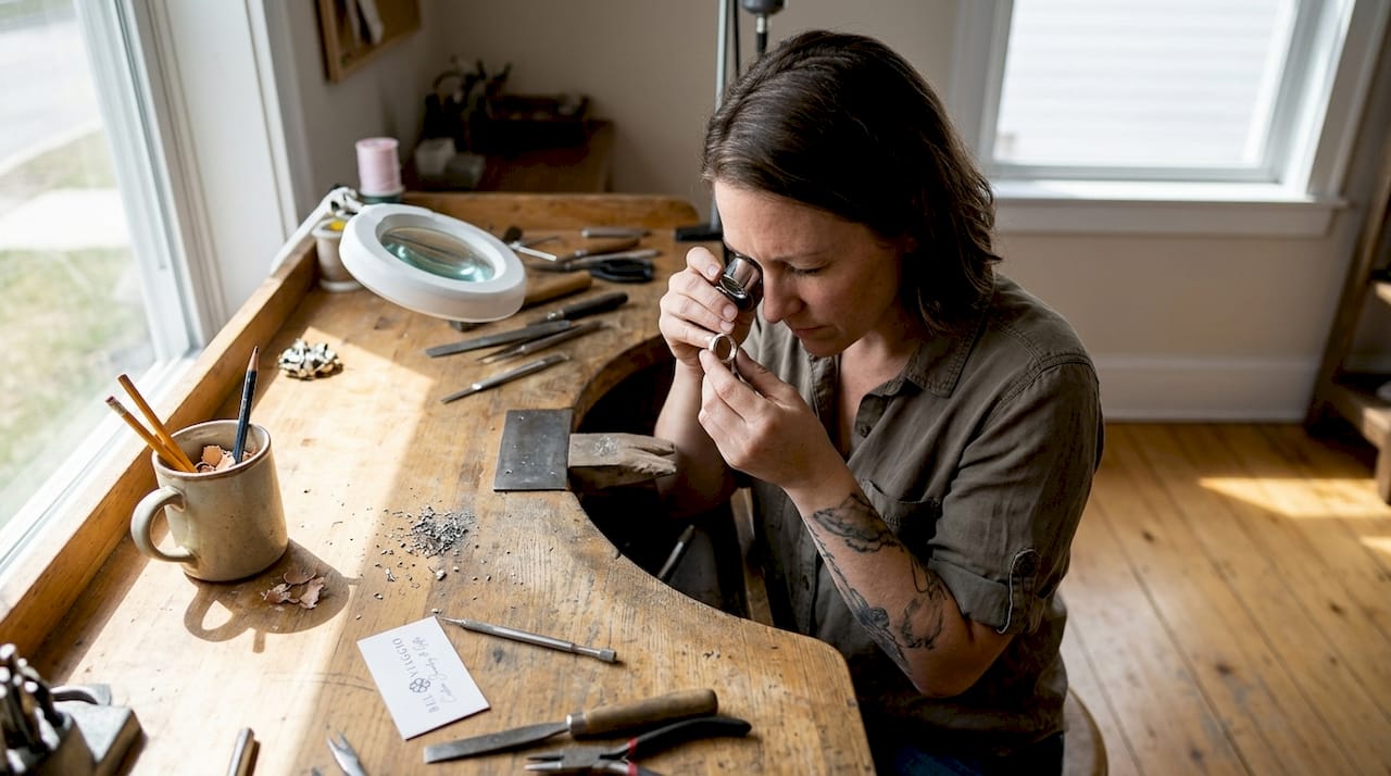 Jeweler handcrafting ring at sunlit workbench