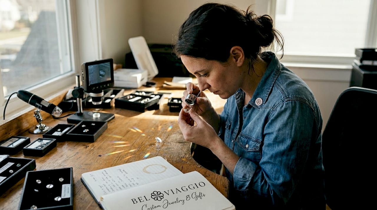 Gemologist studying moissanite stone at desk