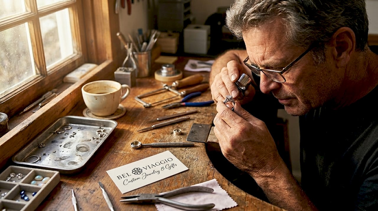Jeweler examining diamond ring setting at bench