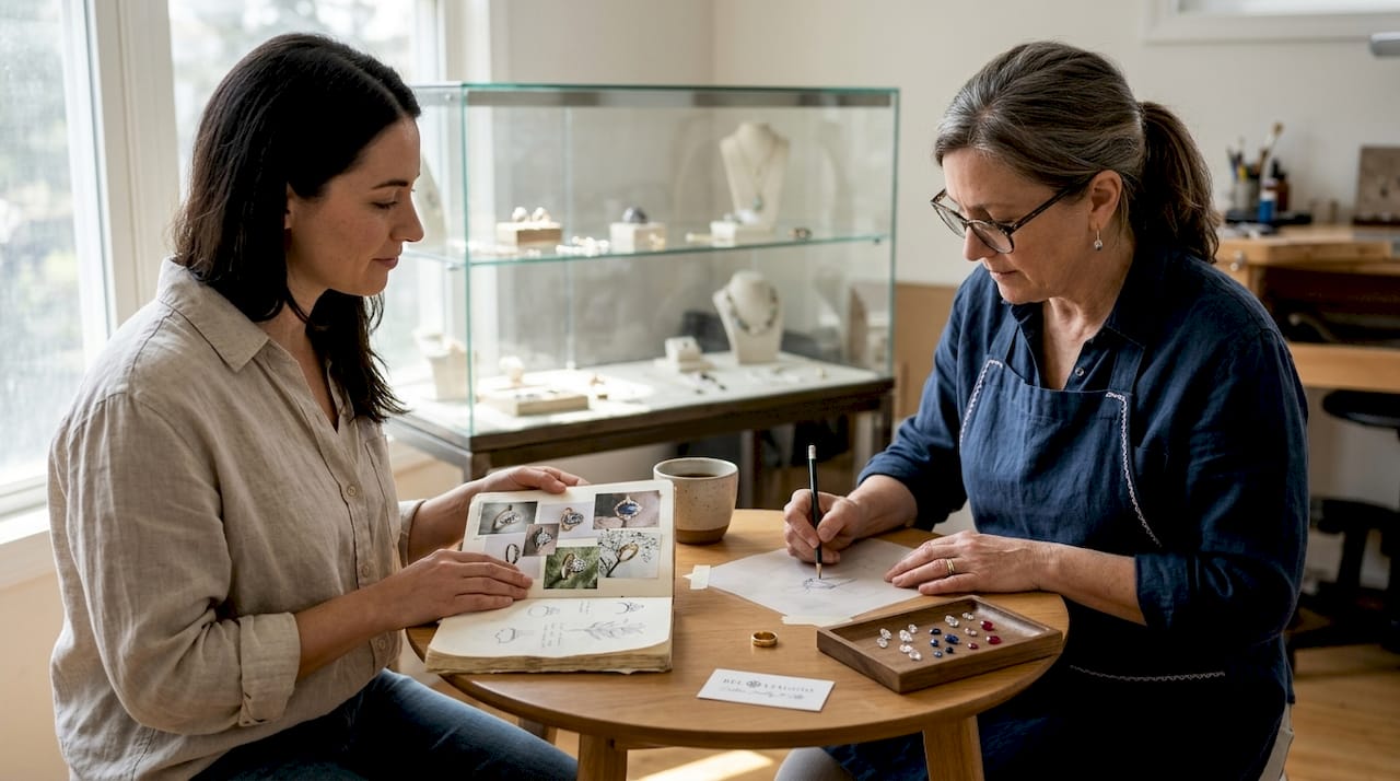 Client and jeweler discussing ethical ring design