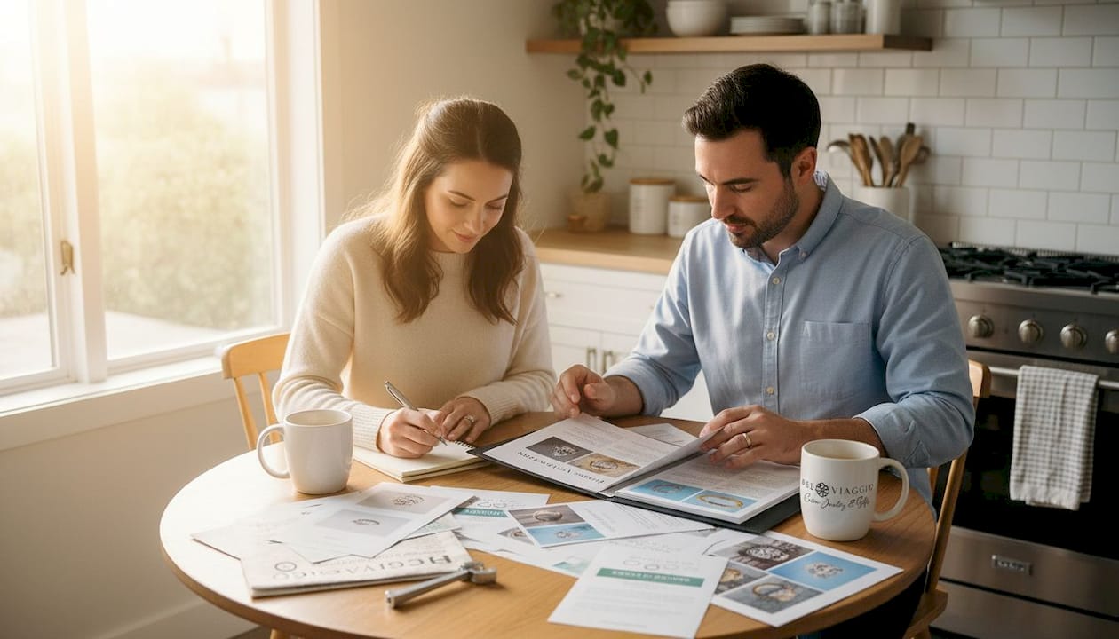 Couple reviewing ethical ring options at kitchen table