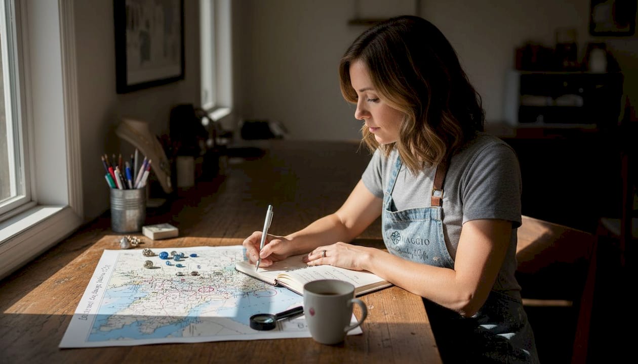 Jewelry designer reviewing sourcing map in studio