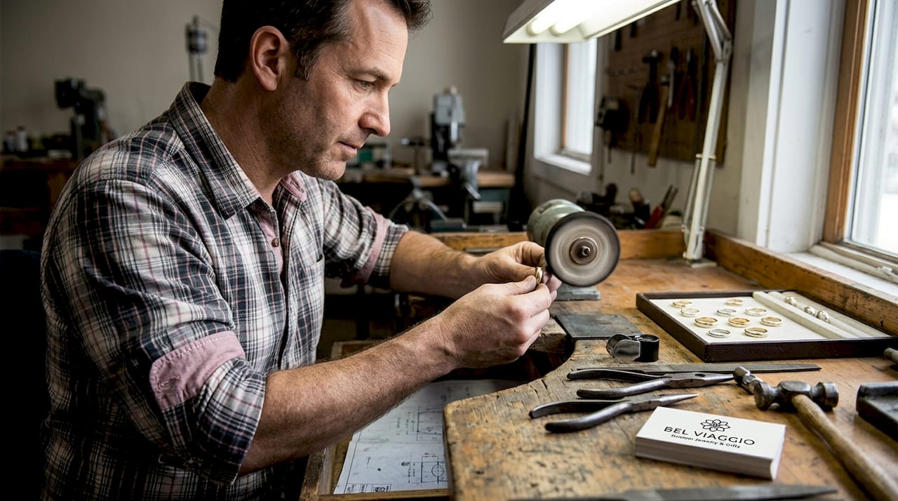 Jeweler polishing gold wedding band at workbench