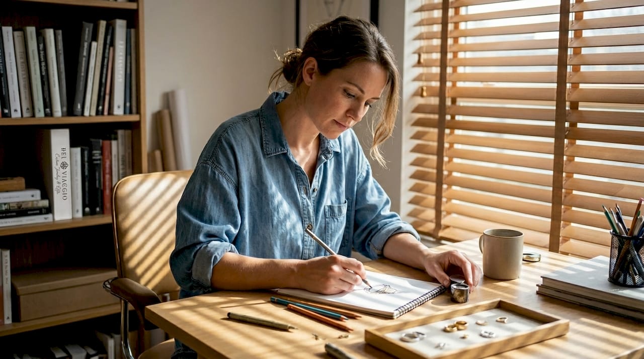 Jewelry designer sketching at sunlit home studio