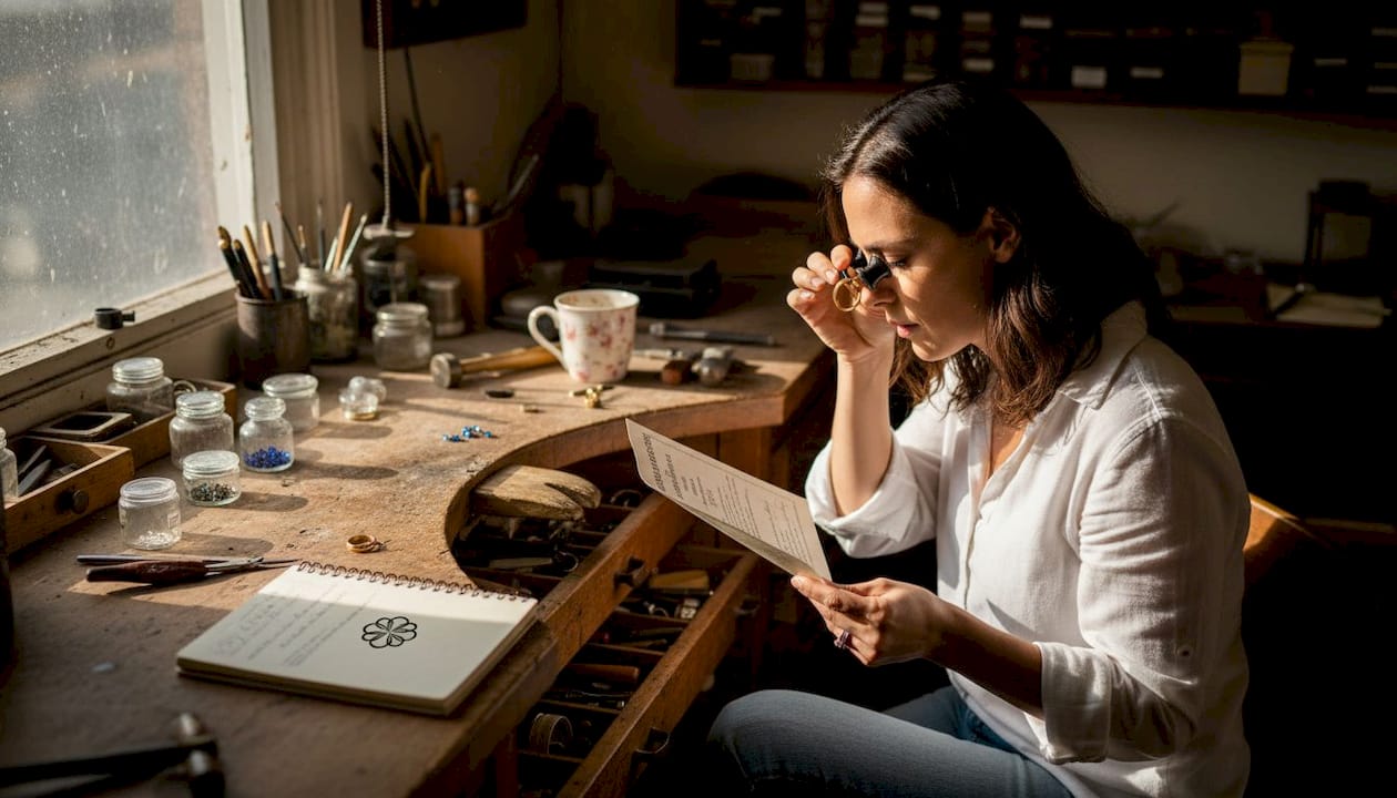 Artisan inspecting ring in ethical jewelry workshop
