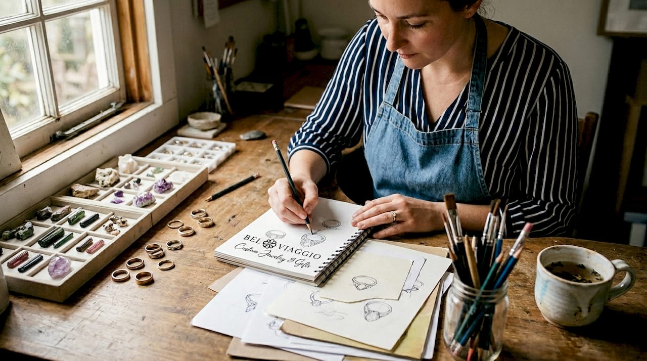 Jewelry designer sketching at workbench
