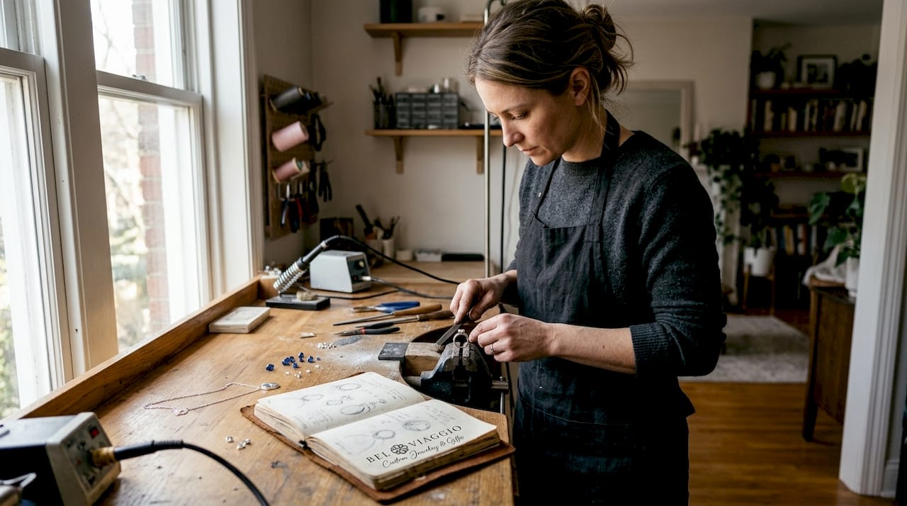 Jeweler shaping ring at sunlit workbench