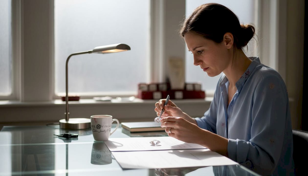 Jeweler reviews diamond certificate at desk