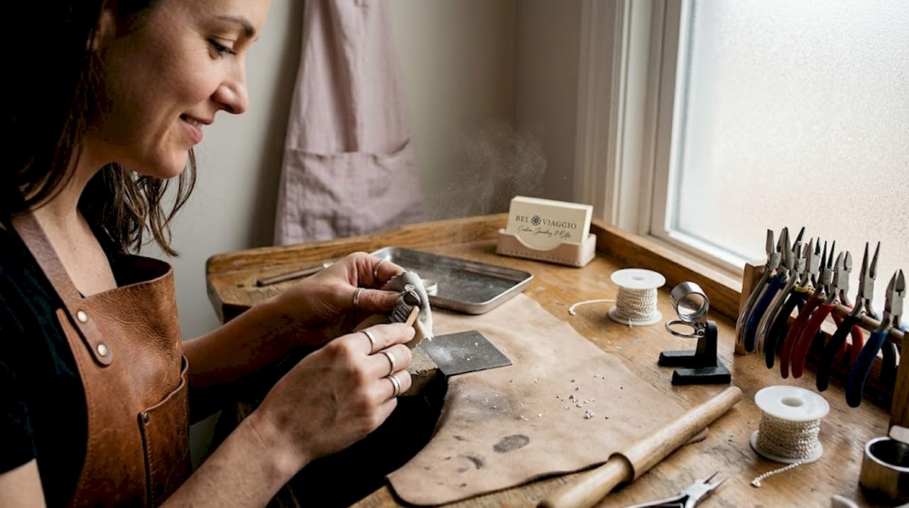 Artisan polishing ethical gemstone ring in studio