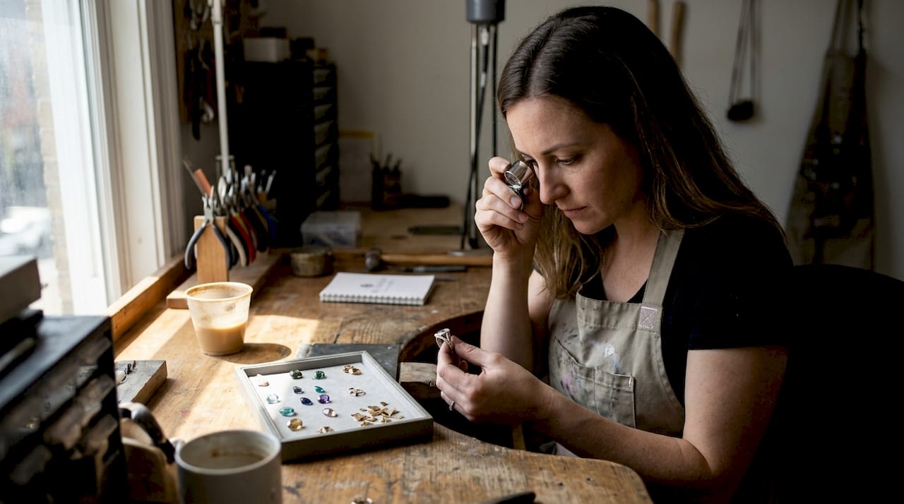 Artisan crafting jewelry at cluttered workbench