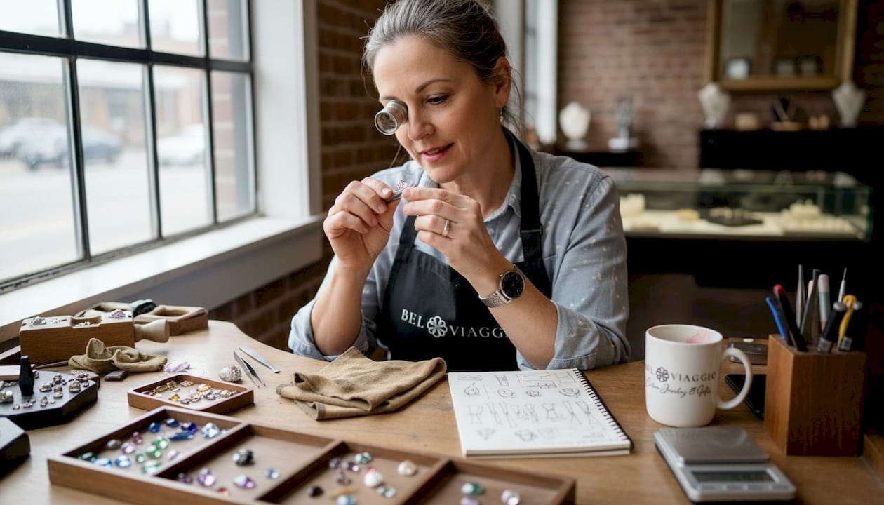 Jeweler inspecting diamond at busy workbench
