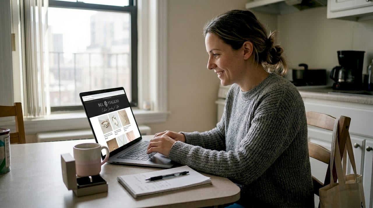 Woman browsing jewelry on laptop at kitchen table