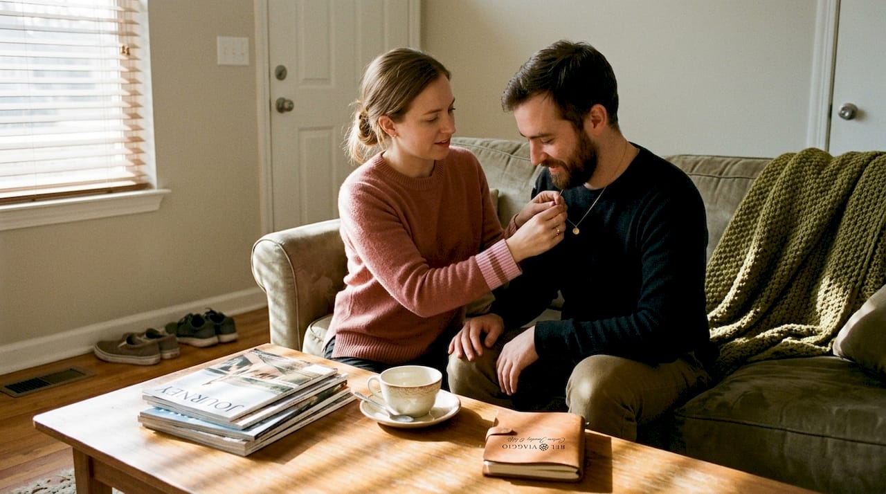 Woman fastening a necklace gift at home