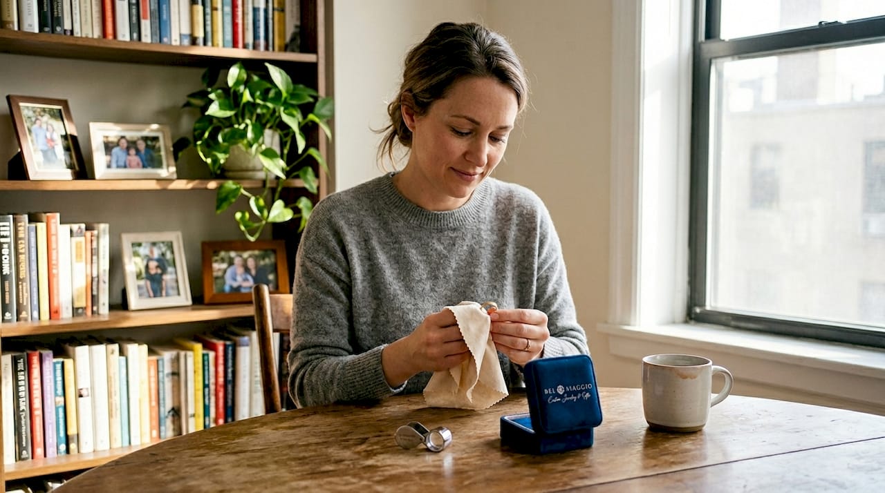 Woman caring for fine jewelry at home table