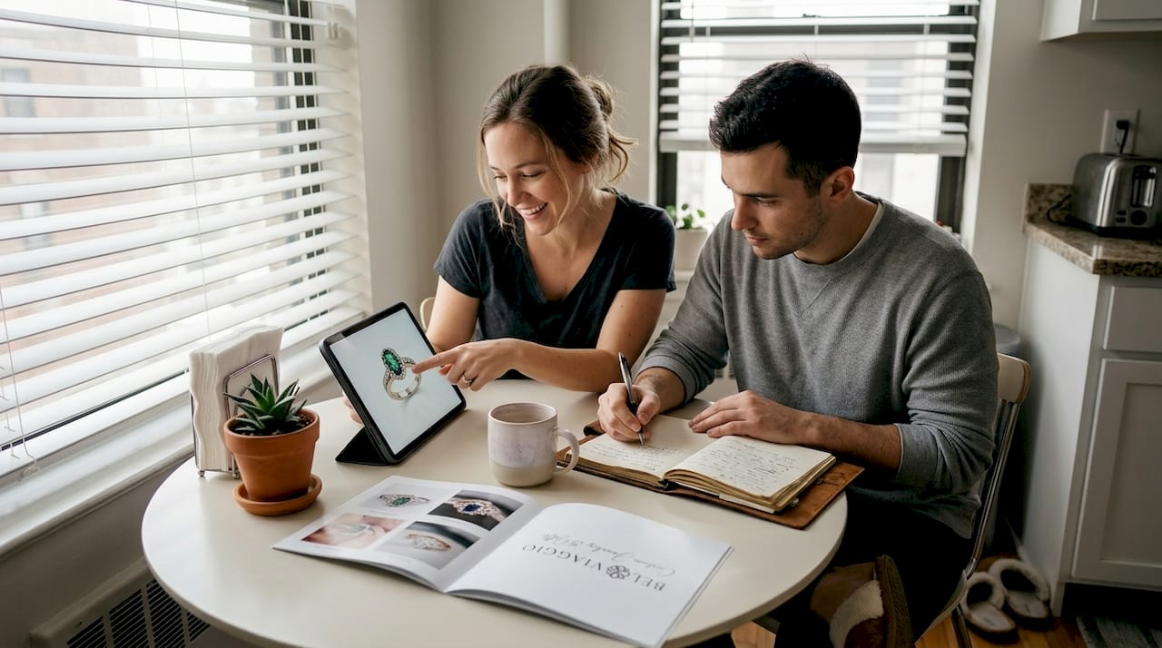 Couple browsing gemstone rings at kitchen table