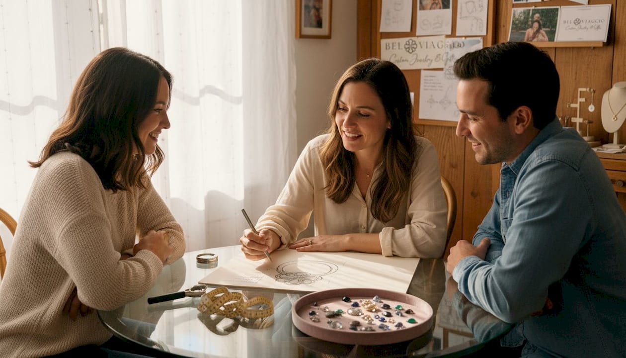 Jeweler consulting couple with custom ring sketches