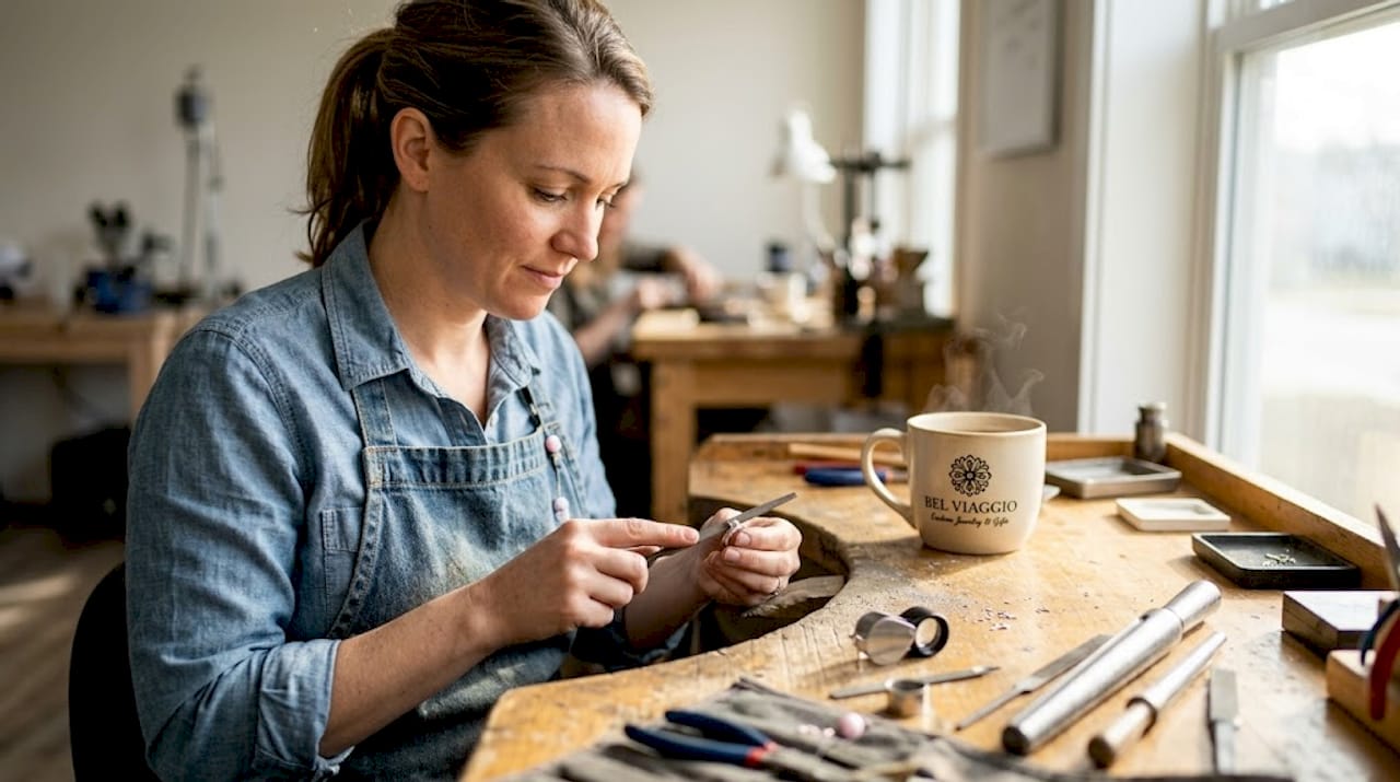 Artisan crafting ethical engagement ring in studio