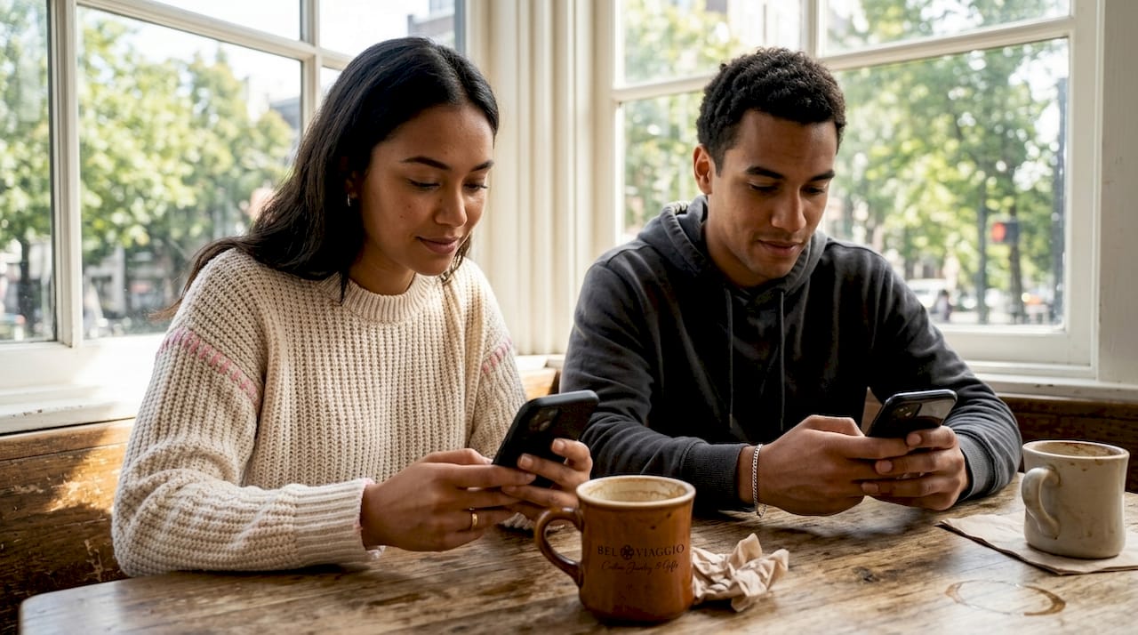 Couple browsing jewelry in urban café setting