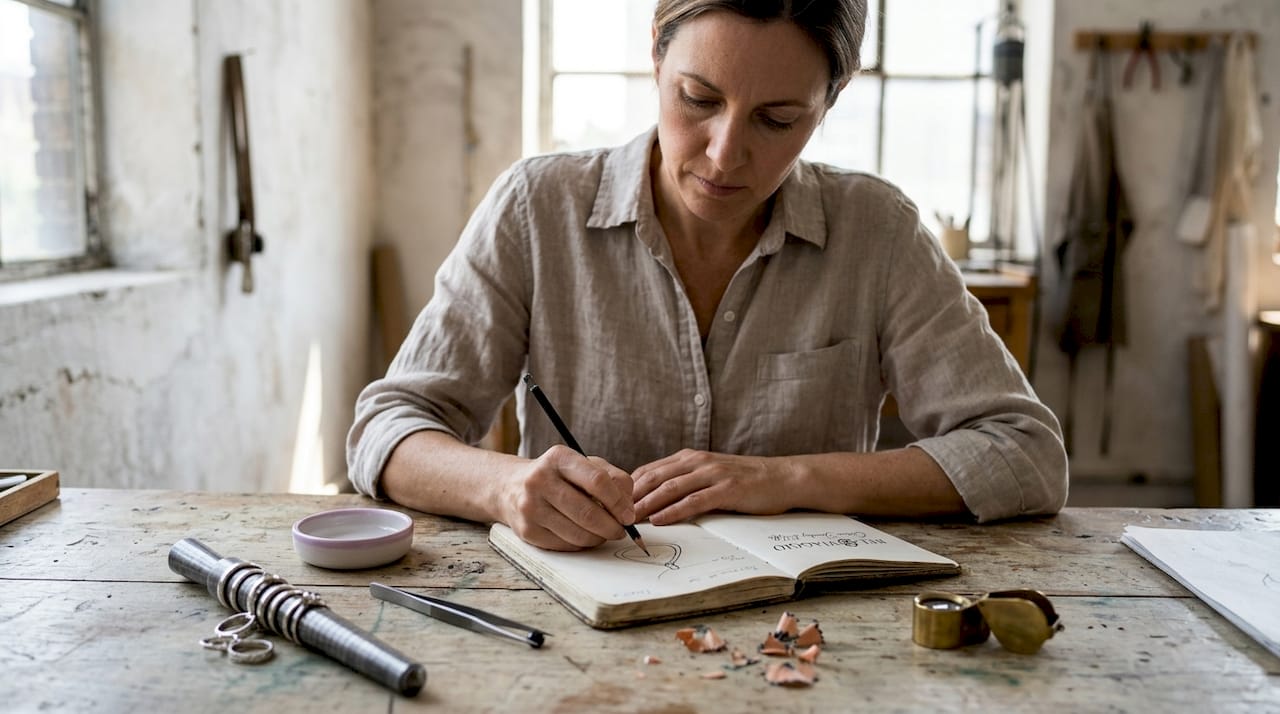 Jewelry designer sketching at sunlit studio desk