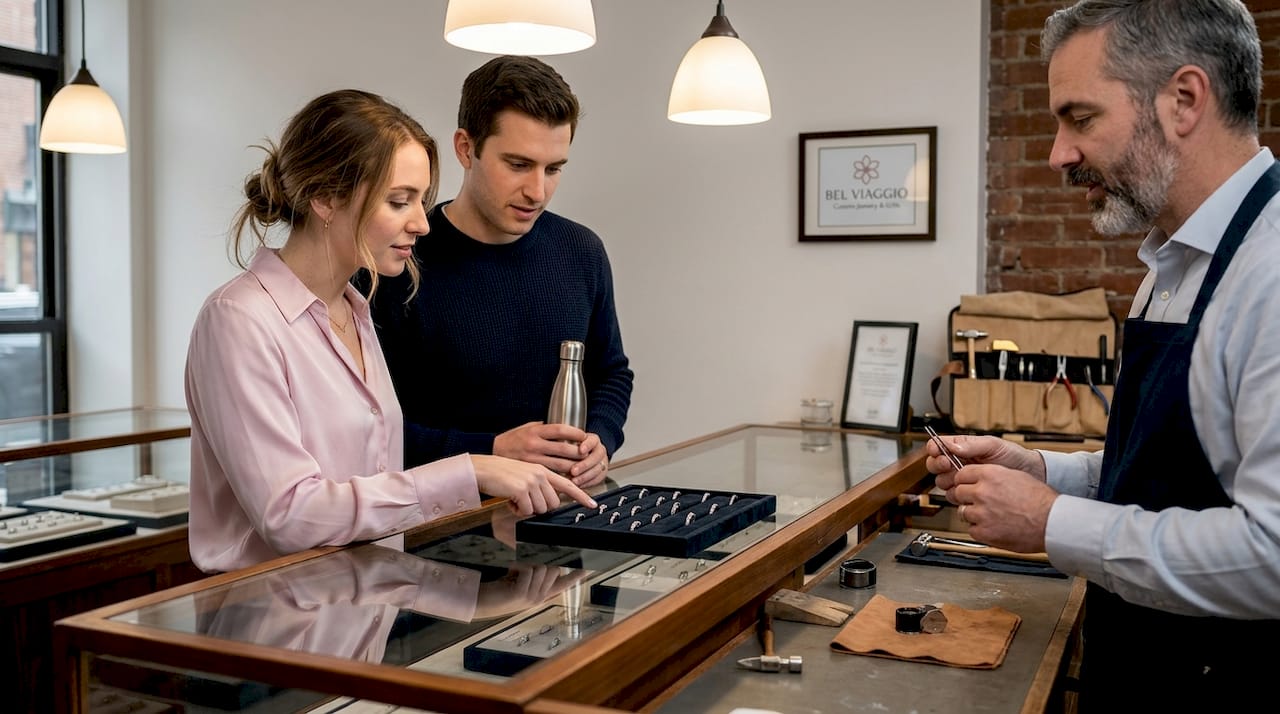 Couple viewing rings with jeweler in shop