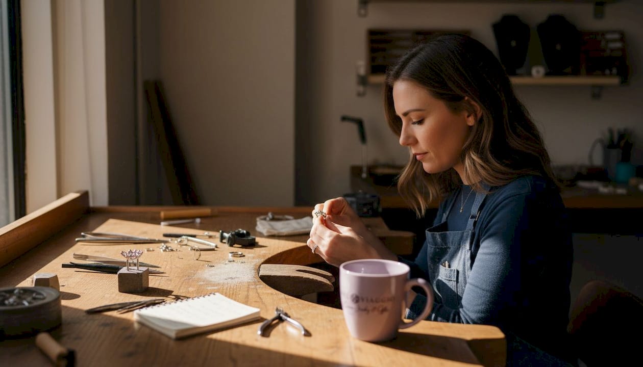 Jeweler crafting an ethical ring at workbench