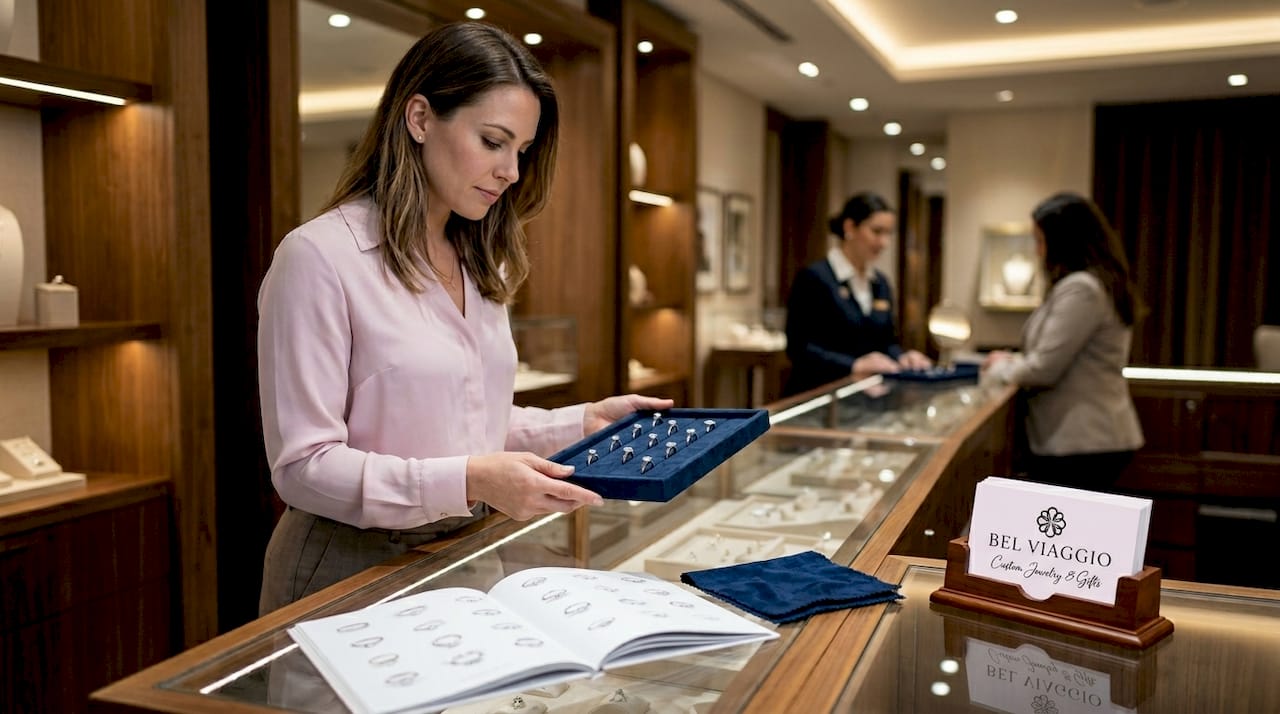 Woman browsing diamond rings in boutique jewelry store