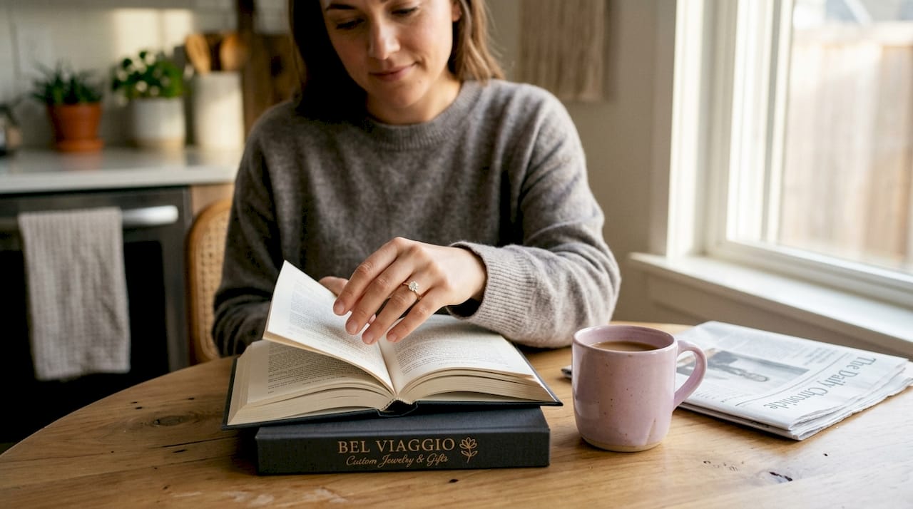 Woman wearing solitaire ring turning book page