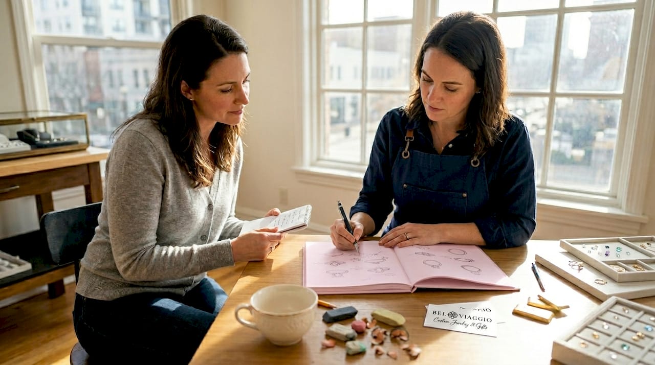 Client consulting jeweler on design ideas