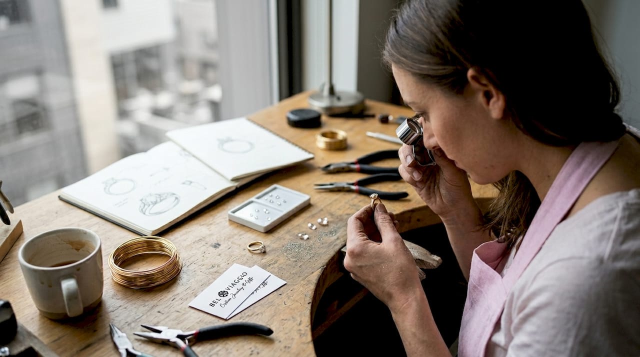 Jeweler examining stones at city studio workbench