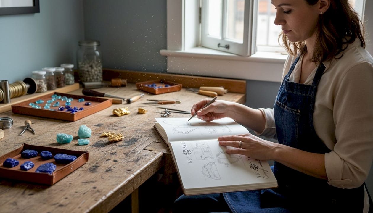 Jewelry designer reviewing sketches in studio