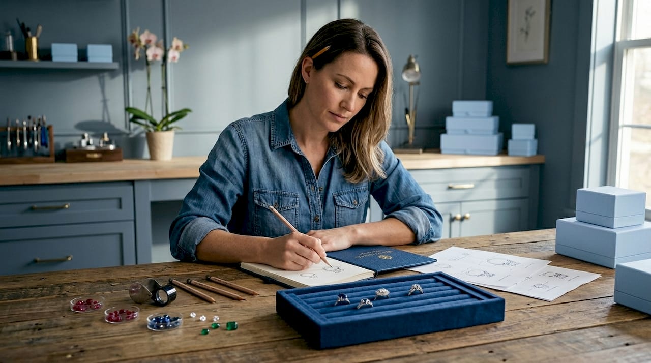 Jewelry designer sketching at sunlit studio workbench