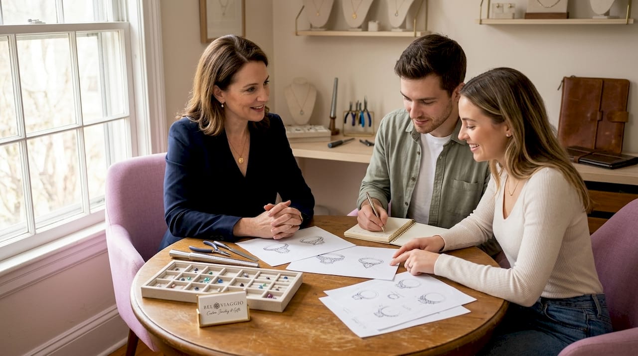 Jeweler with couple reviewing ring sketches