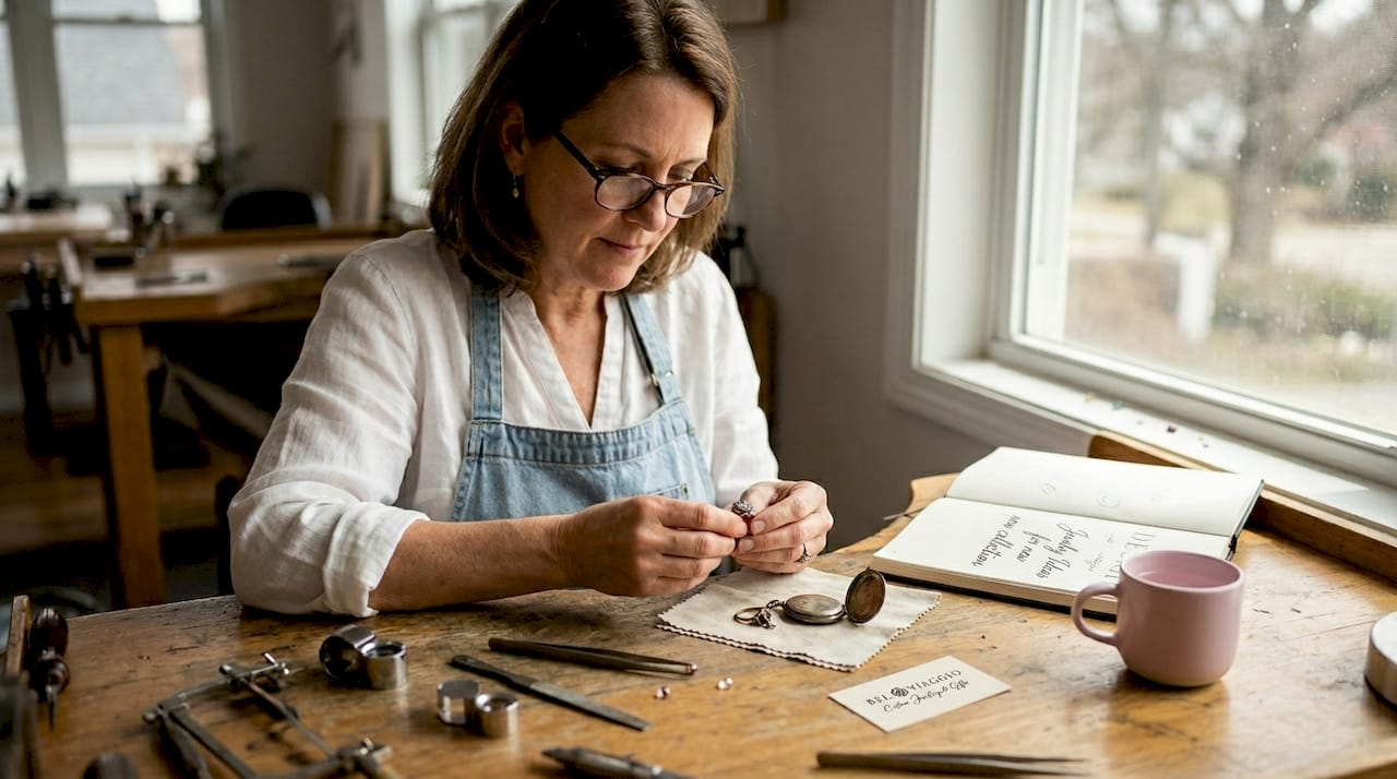 Jeweler examining old jewelry at studio workbench